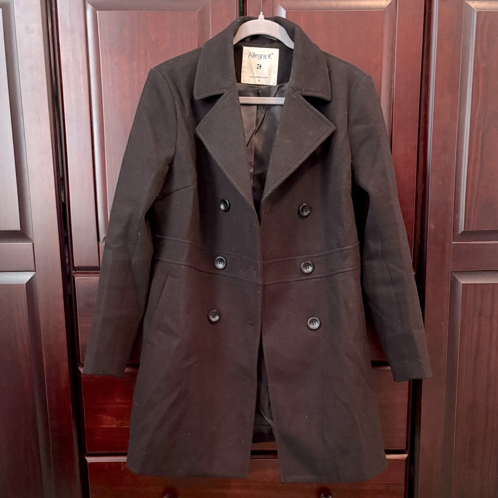 Allegra K Women's Notched Lapel Long Sleeves Double Breasted Mid-Length Coat - Picture 8 of 13